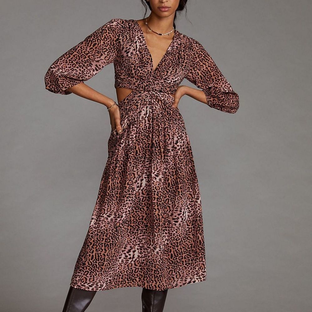 Anthropologie Ranna Gill Brown Motif Printed Cut-Out Midi Dress